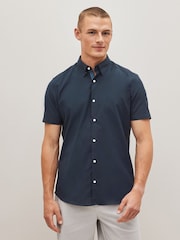 Navy Blue Slim Fit Stretch Oxford Short Sleeve Shirt - Image 1 of 7