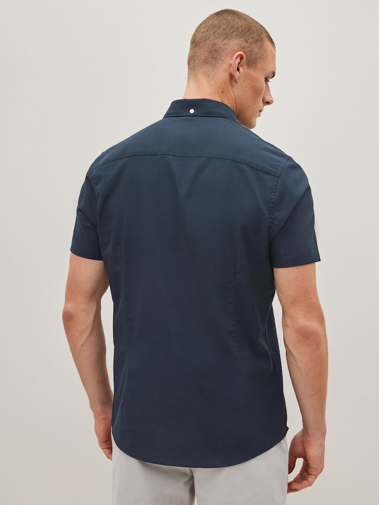 Navy Blue Slim Fit Stretch Oxford Short Sleeve Shirt - Image 2 of 7