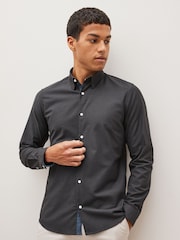 Charcoal Grey Slim Fit Stretch Oxford Long Sleeve Shirt - Image 1 of 7
