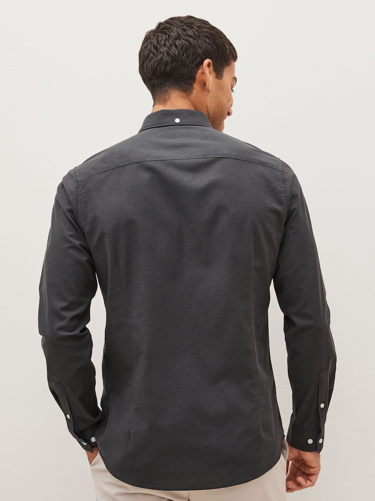 Charcoal Grey Slim Fit Stretch Oxford Long Sleeve Shirt - Image 2 of 7