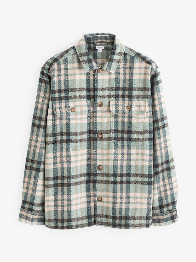 Ecru White And Blue Check Wool Blend Shacket - Image 1 of 5