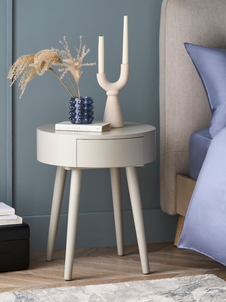 Natural Painted 1 Drawer Round Bedside Table - Image 1 of 8