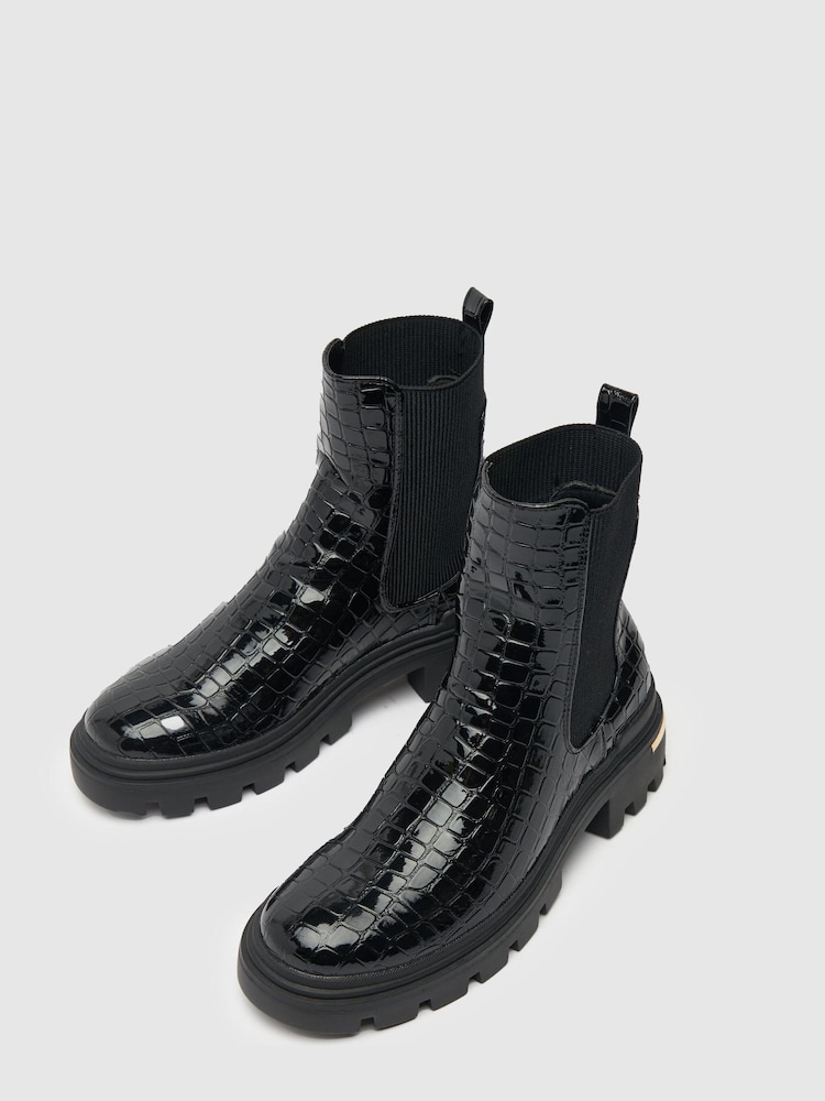 Chelsea Boots Croc Chunky Boots Black Faux Croc Patent Leather