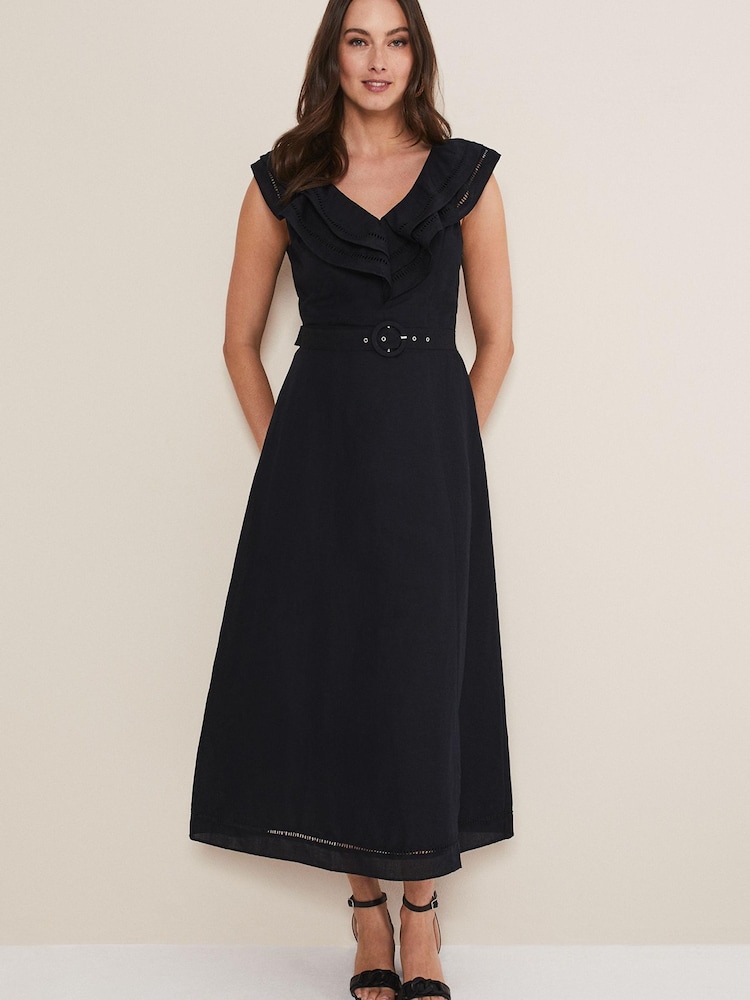 Phase Eight Julieta Frill Broderie Linen Midi Black Dress - Image 1 of 6