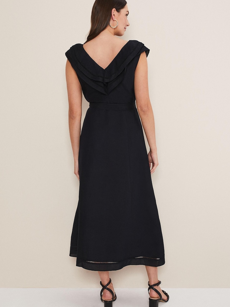 Phase Eight Julieta Frill Broderie Linen Midi Black Dress - Image 2 of 6