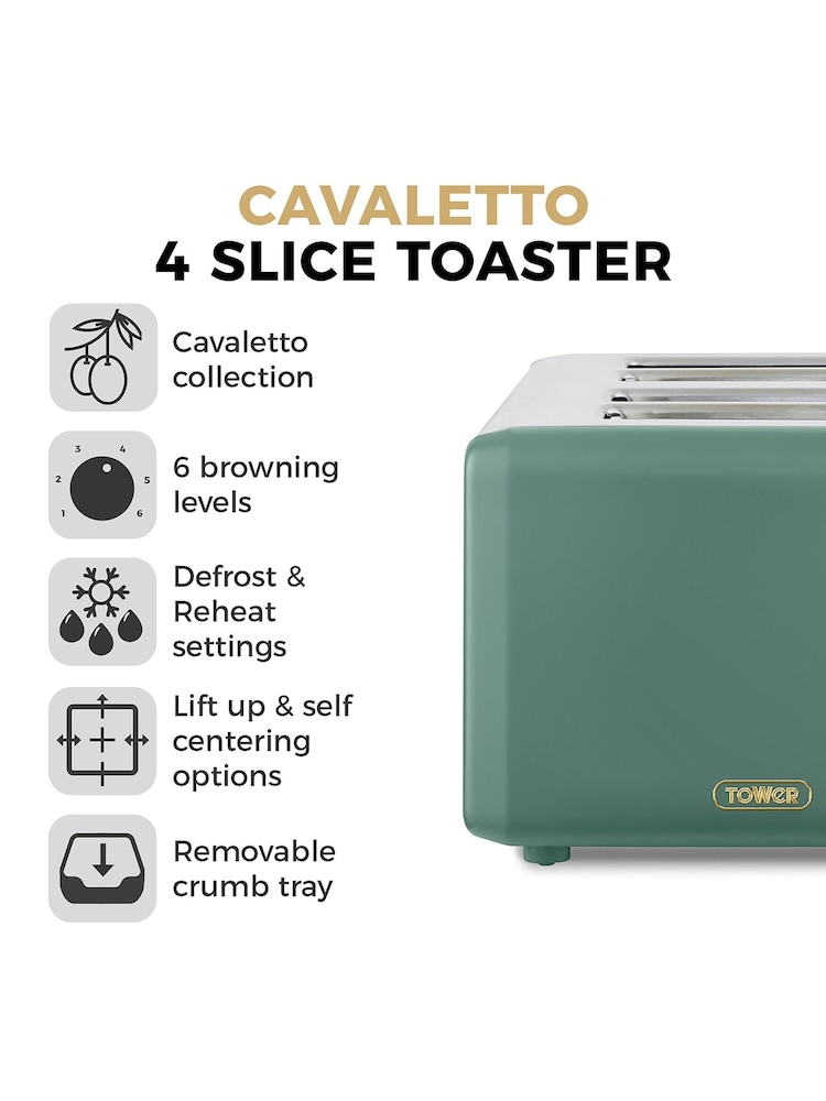 Tower Jade Green Cavaletto 4 Slice Toaster 1800W - Image 2 of 8