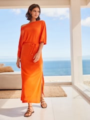 Orange Asymmetric Slash Neck Dress - Image 1 of 7