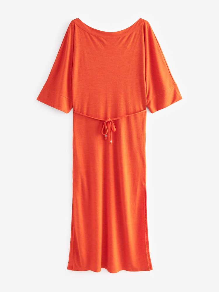 Orange Asymmetric Slash Neck Dress - Image 6 of 7
