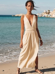Cream Plunge Rope Belted Maxi Summer Dress - Image 1 of 8