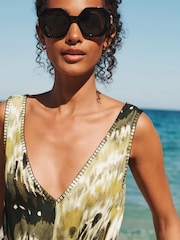Green/Black Tie Dye Embroidered Wide Leg Jumpsuit - Image 4 of 9