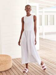 White Ribbed Sleeveless Vest Poplin Mix Midi Cotton Blend Dress - Image 1 of 5