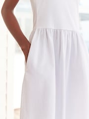 White Ribbed Sleeveless Vest Poplin Mix Midi Cotton Blend Dress - Image 3 of 5