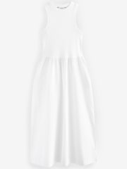White Ribbed Sleeveless Vest Poplin Mix Midi Cotton Blend Dress - Image 4 of 5