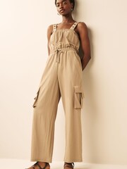 Camel Brown Cargo Sleeveless Drawstring Waist Jumpsuit - Image 1 of 8
