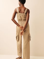 Camel Brown Cargo Sleeveless Drawstring Waist Jumpsuit - Image 2 of 8
