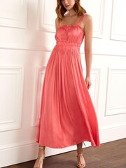 Pink Glossy Satin Strappy Ruched Midi Dress - Image 1 of 1