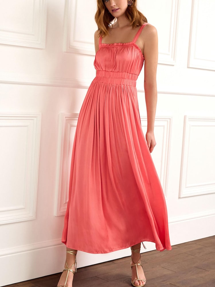 Pink Glossy Satin Strappy Ruched Midi Dress - Image 1 of 1