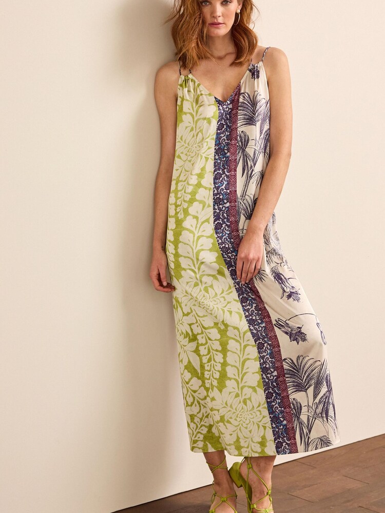 Spliced Palm Print V-Neck Satin Cami Midi Dress - Image 1 of 7