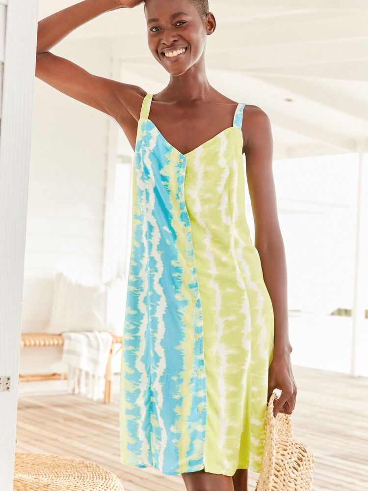 Limettengrün/Knüpfbatik - Kurzes Trägerkleid mit durchgehender Knopfleiste - Bild 1 von 1