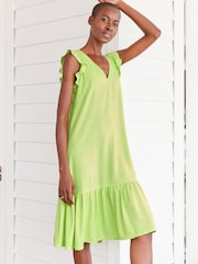 Lime Green Ruffle Sleeve Tie Back Mini Dress With Linen - Image 1 of 6