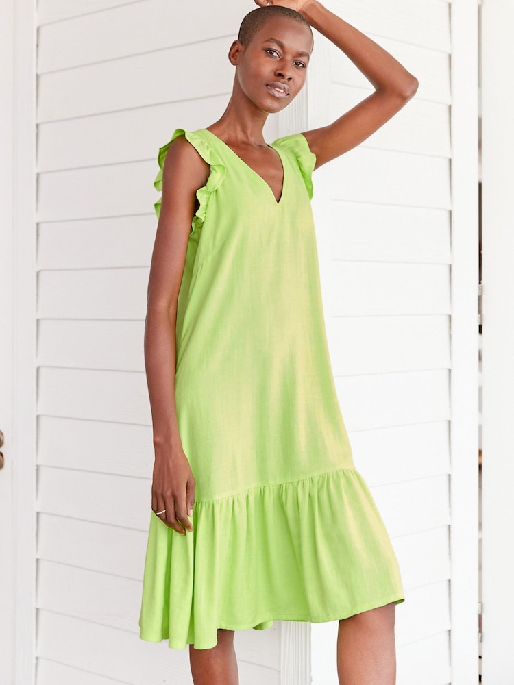 Lime Green Ruffle Sleeve Tie Back Mini Dress With Linen - Image 1 of 6