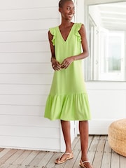 Lime Green Ruffle Sleeve Tie Back Mini Dress With Linen - Image 2 of 6