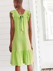 Lime Green Ruffle Sleeve Tie Back Mini Dress With Linen - Image 3 of 6