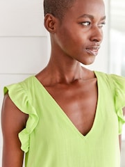 Lime Green Ruffle Sleeve Tie Back Mini Dress With Linen - Image 4 of 6
