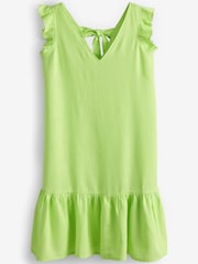 Lime Green Ruffle Sleeve Tie Back Mini Dress With Linen - Image 6 of 6