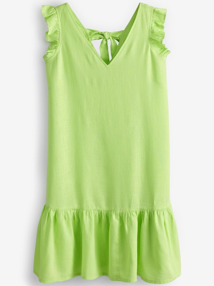 Lime Green Ruffle Sleeve Tie Back Mini Dress With Linen - Image 6 of 6