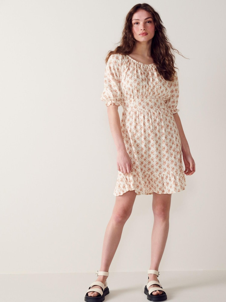 Brown Floral Puff Sleeve Linen Mix Mini Dress - Image 2 of 4