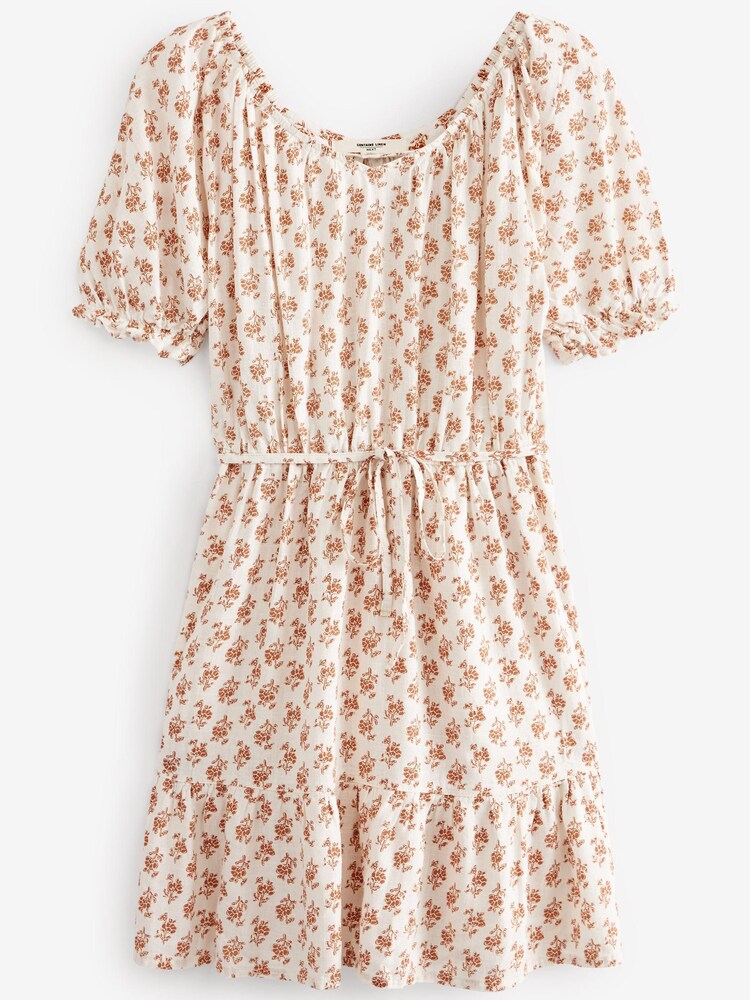 Brown Floral Puff Sleeve Linen Mix Mini Dress - Image 4 of 4 Brown Floral Puff Sleeve Linen Mix Mini Dress - Image 4 of 4