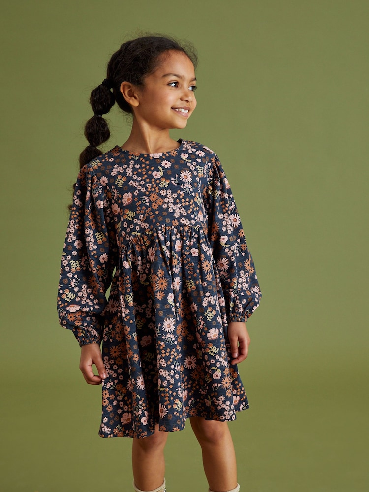 Navy Blue/Pink Dark Floral Print Long Sleeve Jersey Dress (3-16yrs) - Image 1 of 6