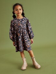 Navy Blue/Pink Dark Floral Print Long Sleeve Jersey Dress (3-16yrs) - Image 2 of 6