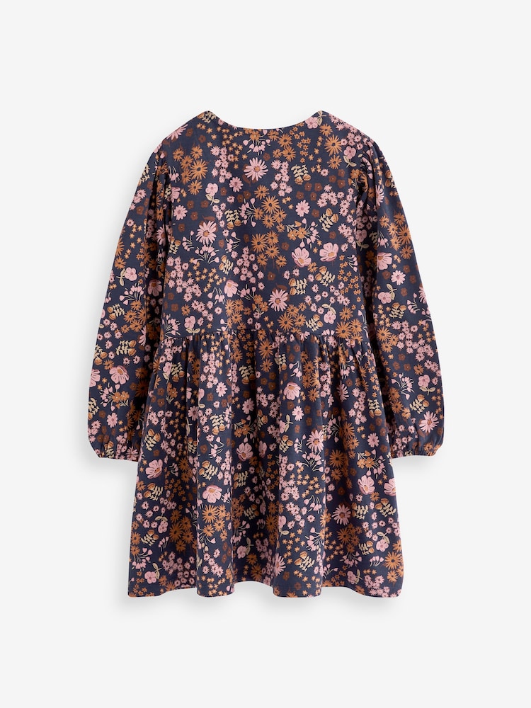 Navy Blue/Pink Dark Floral Print Long Sleeve Jersey Dress (3-16yrs) - Image 6 of 6