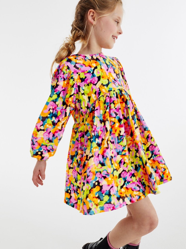Pink/ Yellow/ Blue/ Black Digital Splat Print Long Sleeve Jersey Dress (3-16yrs) - Image 1 of 6