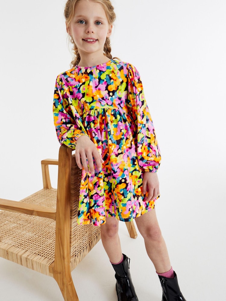 Pink/ Yellow/ Blue/ Black Digital Splat Print Long Sleeve Jersey Dress (3-16yrs) - Image 2 of 6