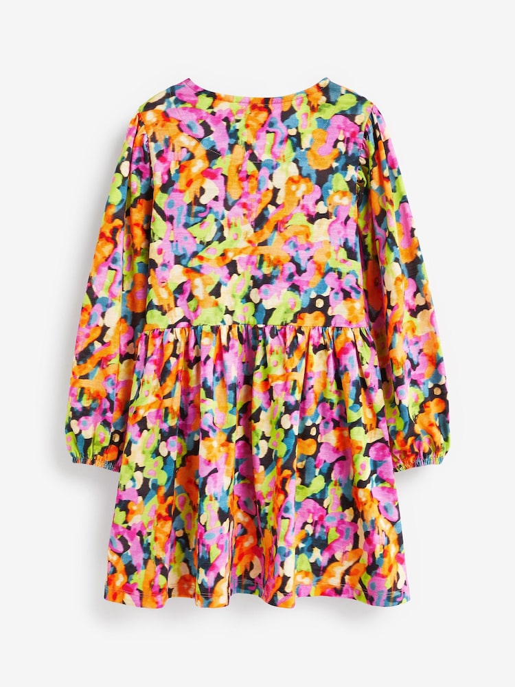 Pink/ Yellow/ Blue/ Black Digital Splat Print Long Sleeve Jersey Dress (3-16yrs) - Image 6 of 6