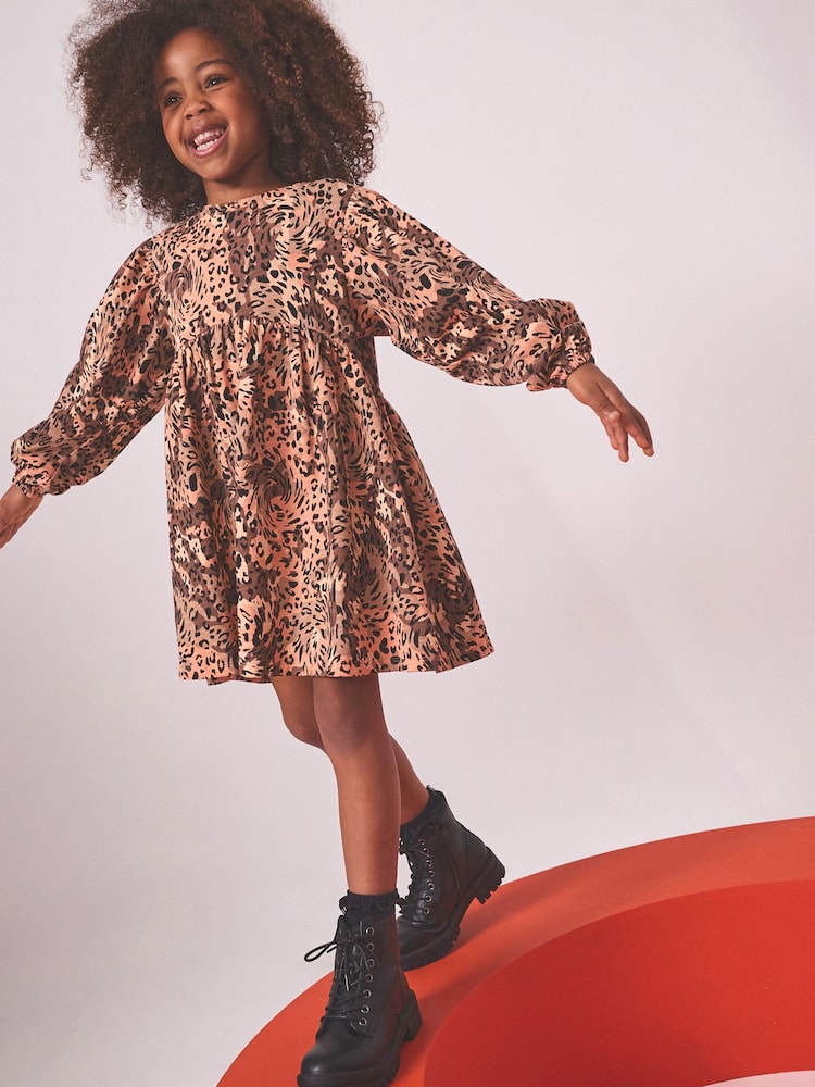 Neutral Animal Print Long Sleeve Jersey Dress (3-16yrs) - Image 1 of 6