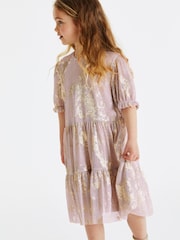 Pink/Gold Foil Sparkle Mesh Short Sleeve Tiered Party Dress (3-16yrs) - Image 2 of 6