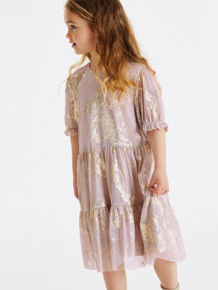 Pink/Gold Foil Sparkle Mesh Short Sleeve Tiered Party Dress (3-16yrs) - Image 2 of 6