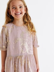 Pink/Gold Foil Sparkle Mesh Short Sleeve Tiered Party Dress (3-16yrs) - Image 3 of 6