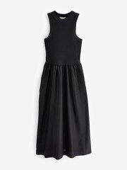 Black Ribbed Sleeveless Vest Poplin Mix Midi Cotton Blend Dress - Image 5 of 5