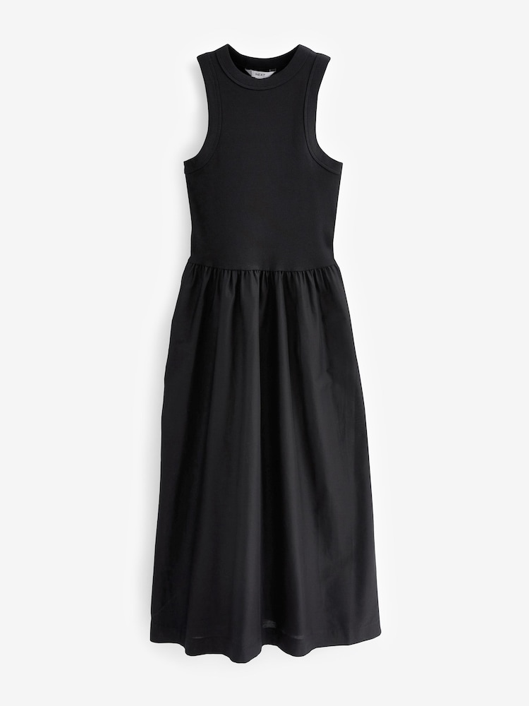 Black Ribbed Sleeveless Vest Poplin Mix Midi Cotton Blend Dress - Image 5 of 5