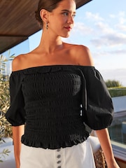 Black 100% Cotton Puff Sleeve Square Neck Off Shoulder Summer Top - Image 1 of 5