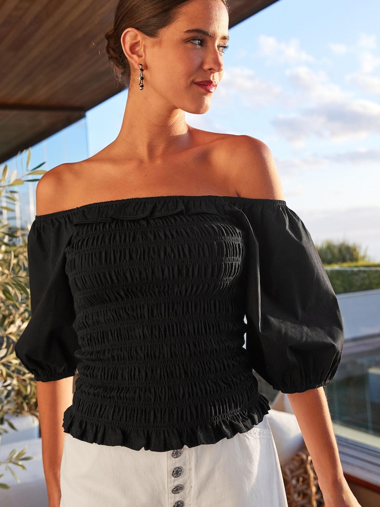 Black 100% Cotton Puff Sleeve Square Neck Off Shoulder Summer Top - Image 1 of 5