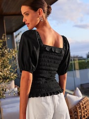 Black 100% Cotton Puff Sleeve Square Neck Off Shoulder Summer Top - Image 3 of 5