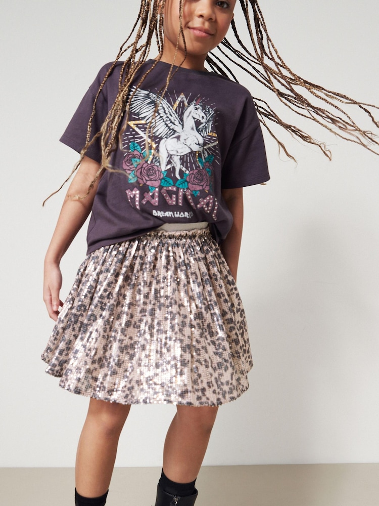 Neutral Pink/Black Animal Print Sequin Skirt (3-16yrs) - Image 1 of 6