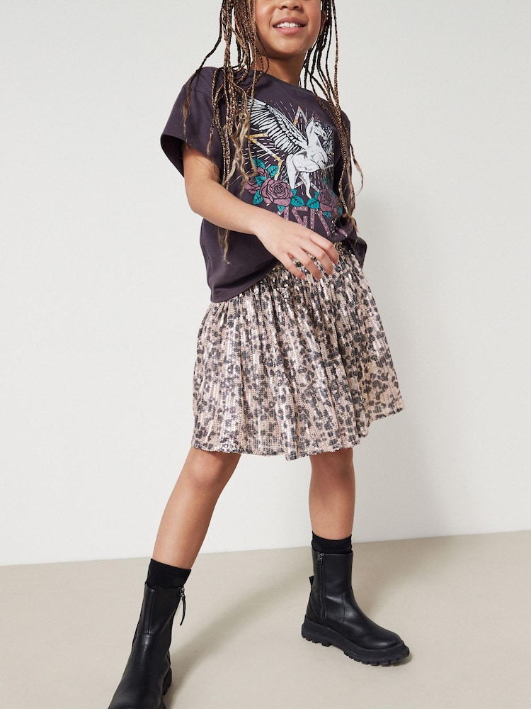 Neutral Pink/Black Animal Print Sequin Skirt (3-16yrs) - Image 2 of 6