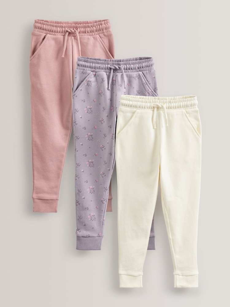 Roza/bež kremna/cvetlična - 3 komplet Soft Jersey v standardnem kroju Joggers (3-16yrs) - Slika 1 iz 3